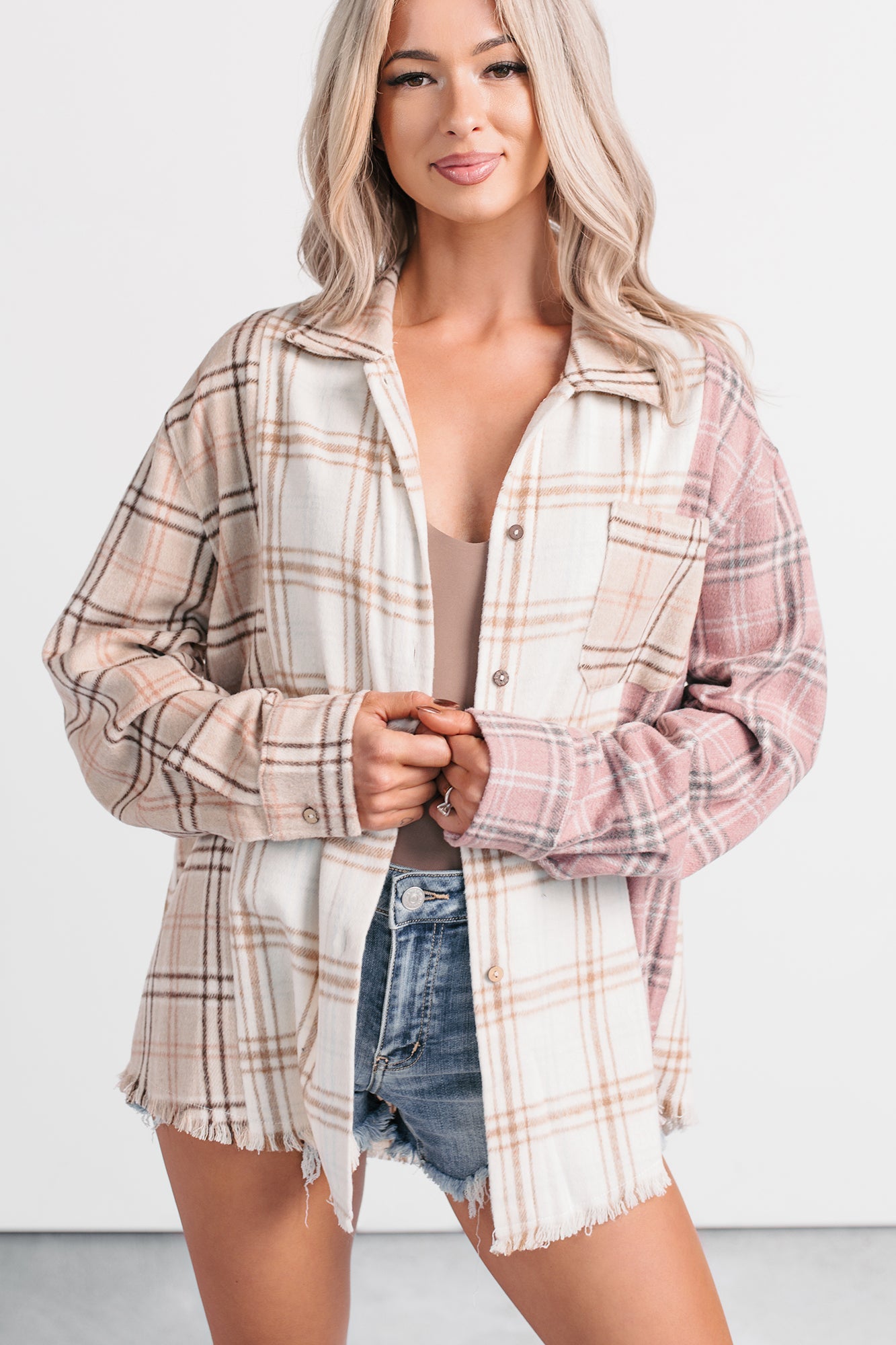 Chill Hour Oversized Mixed Plaid Shacket (Multi/Pink)