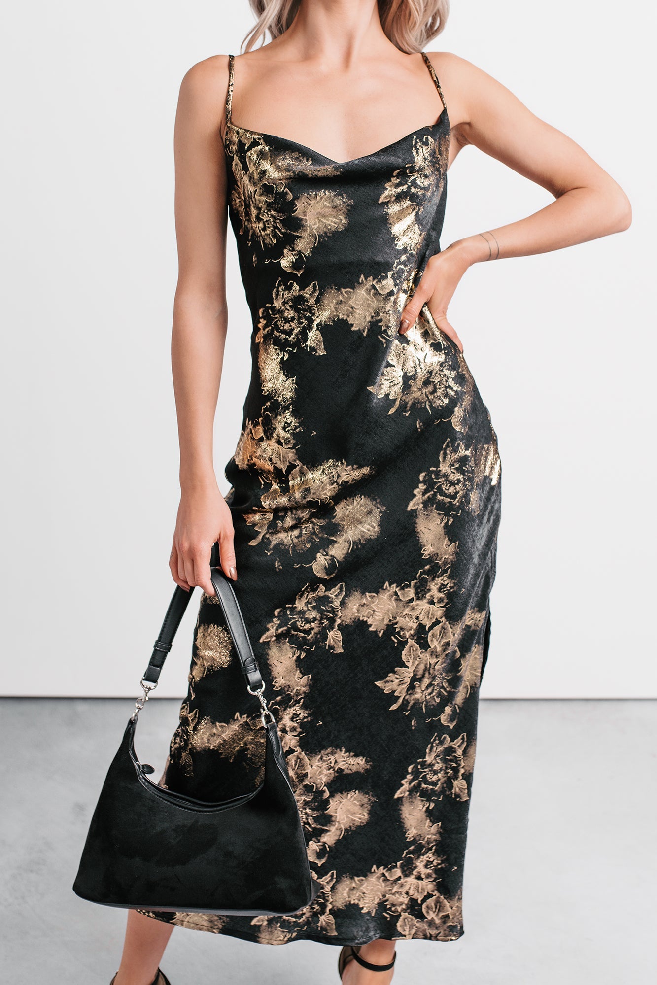 Love Bomb Cutout Back Floral Maxi Dress (Black/Gold)