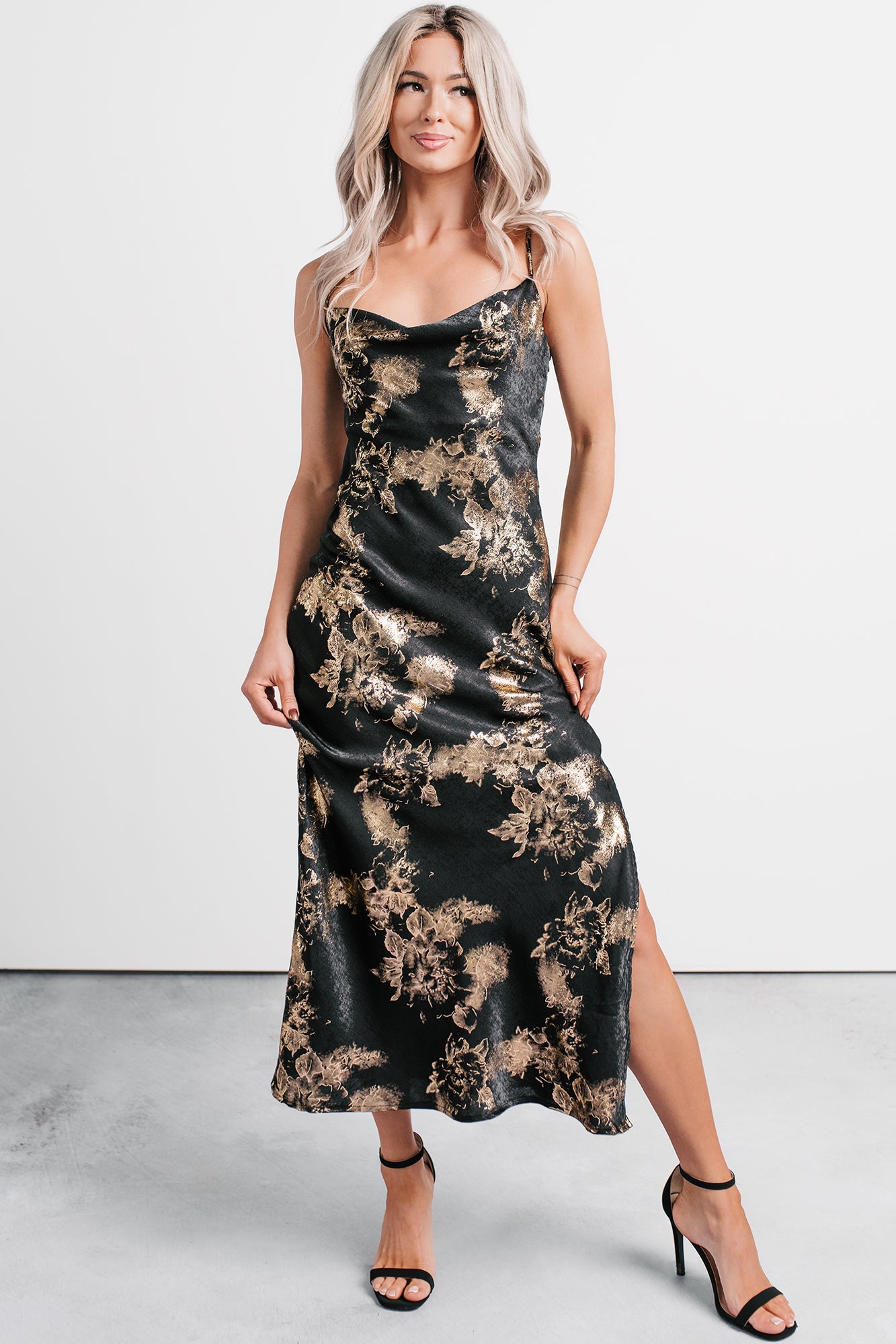 Love Bomb Cutout Back Floral Maxi Dress (Black/Gold)