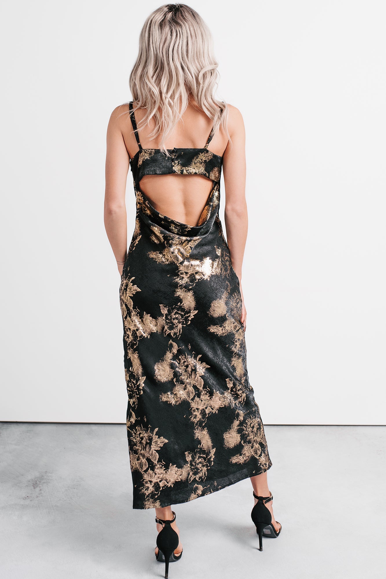 Love Bomb Cutout Back Floral Maxi Dress (Black/Gold)