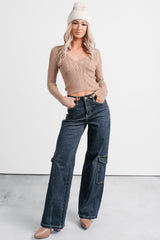 Dreamy Mornings Deep V-Neck Sweater Top (Taupe)