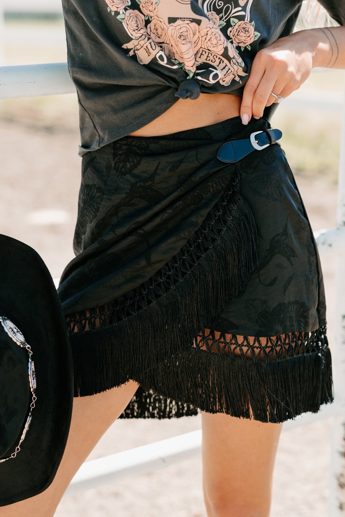Tide & Tassel Satin Wrap Mini Skirt (Black)