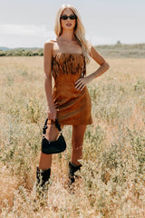Country Dreams Suede Fringe Mini Dress (Brown)