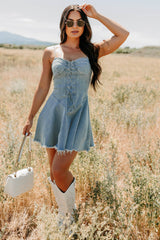 Watch Her Rise Sleeveless Denim Mini Dress (Denim)