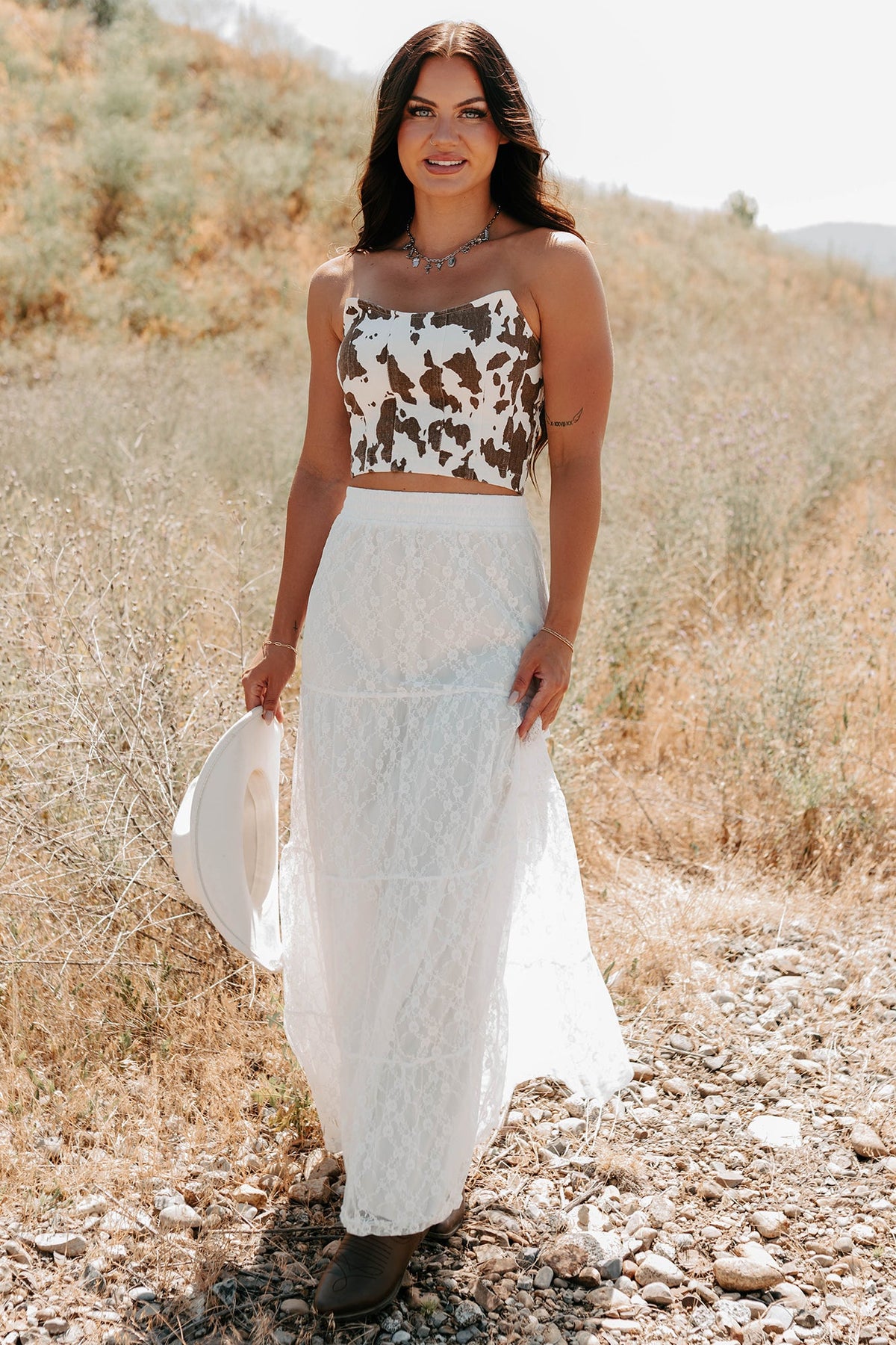 Golden Haze Floral Lace Tiered Maxi Skirt (Off White)