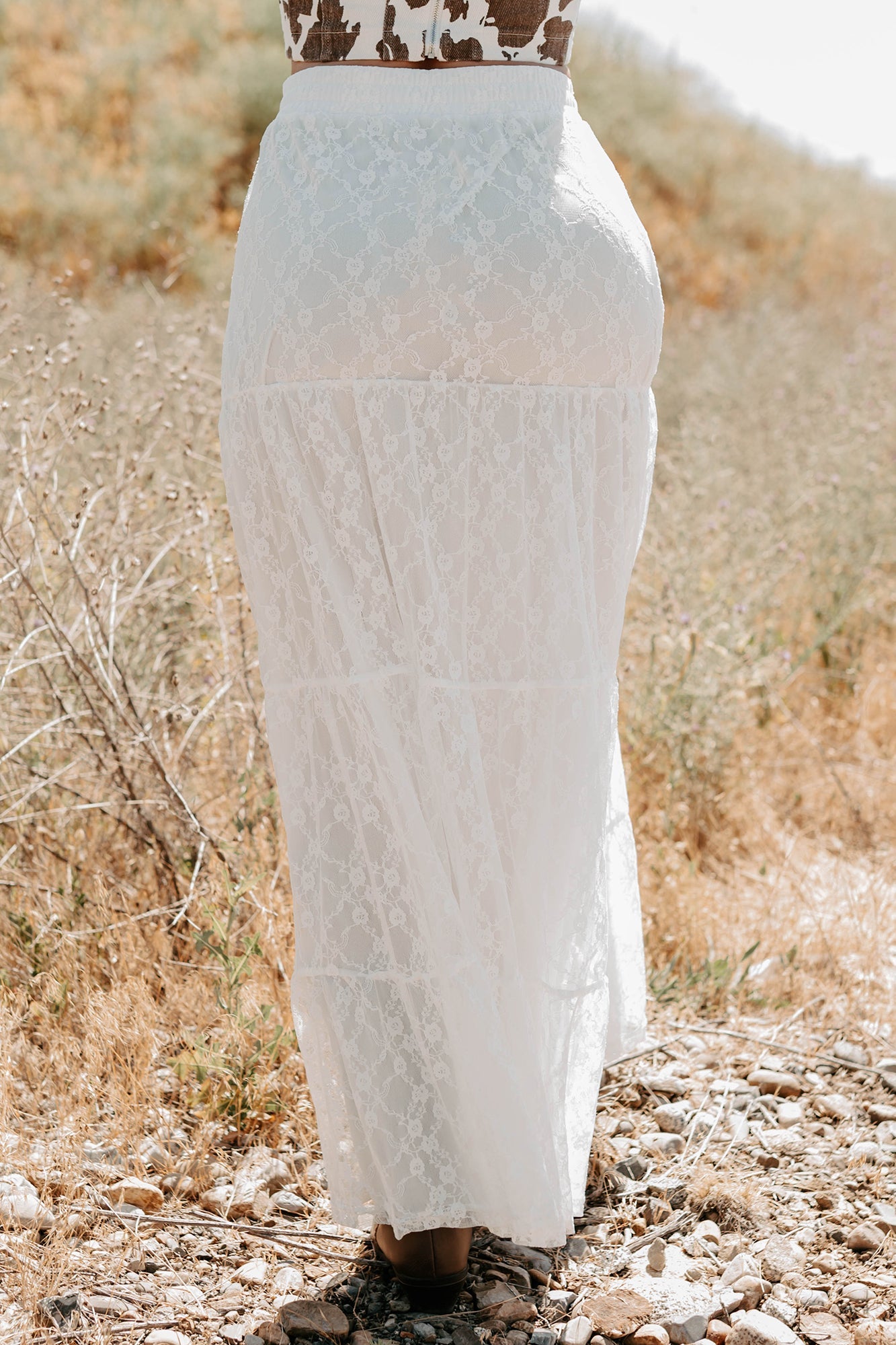 Golden Haze Floral Lace Tiered Maxi Skirt (Off White)