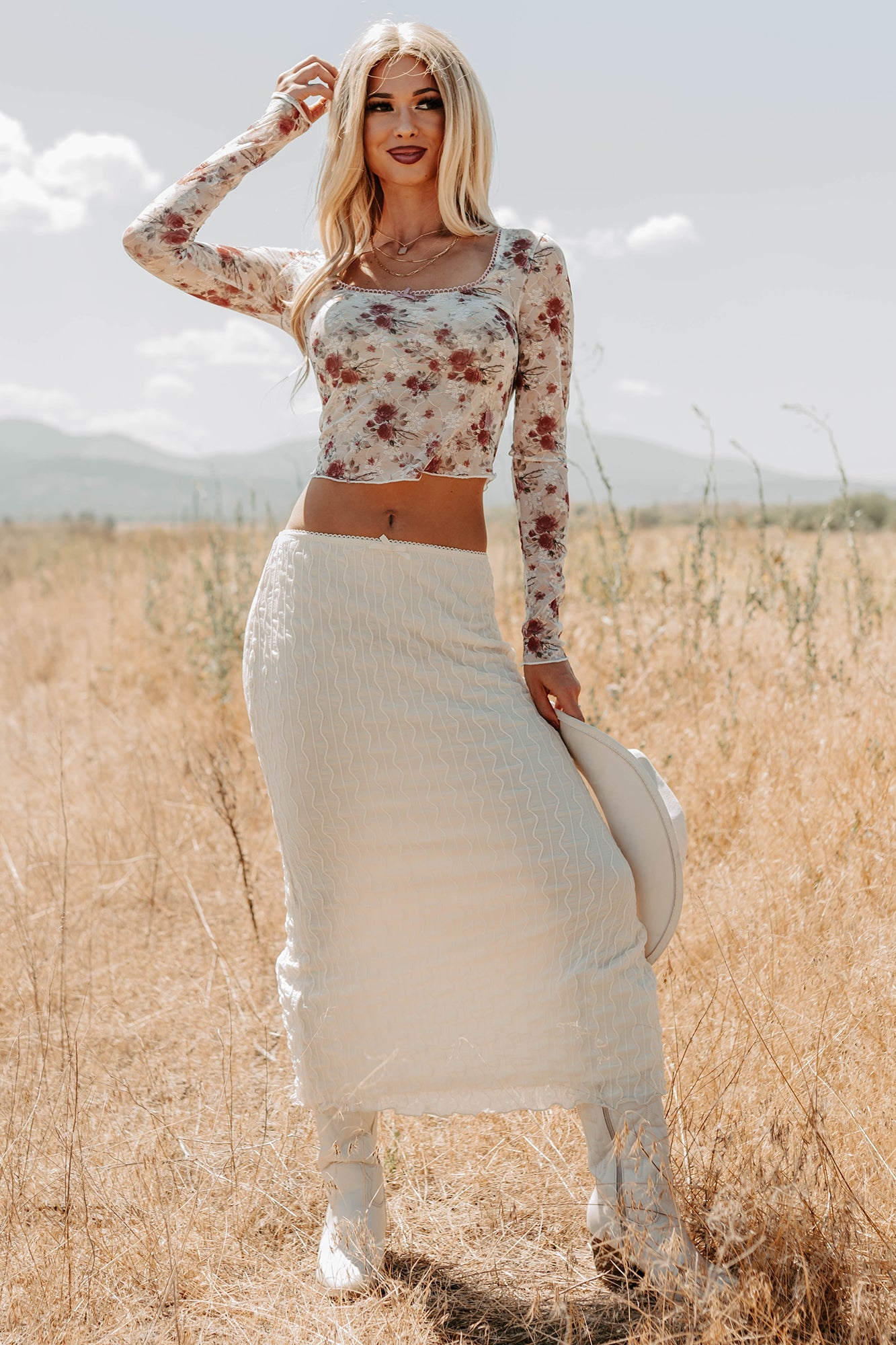 Polished Ease Textured Lace Maxi Skirt (Ivory)