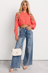 Chill Charm Long Sleeve Cropped Sweatshirt (Coral)