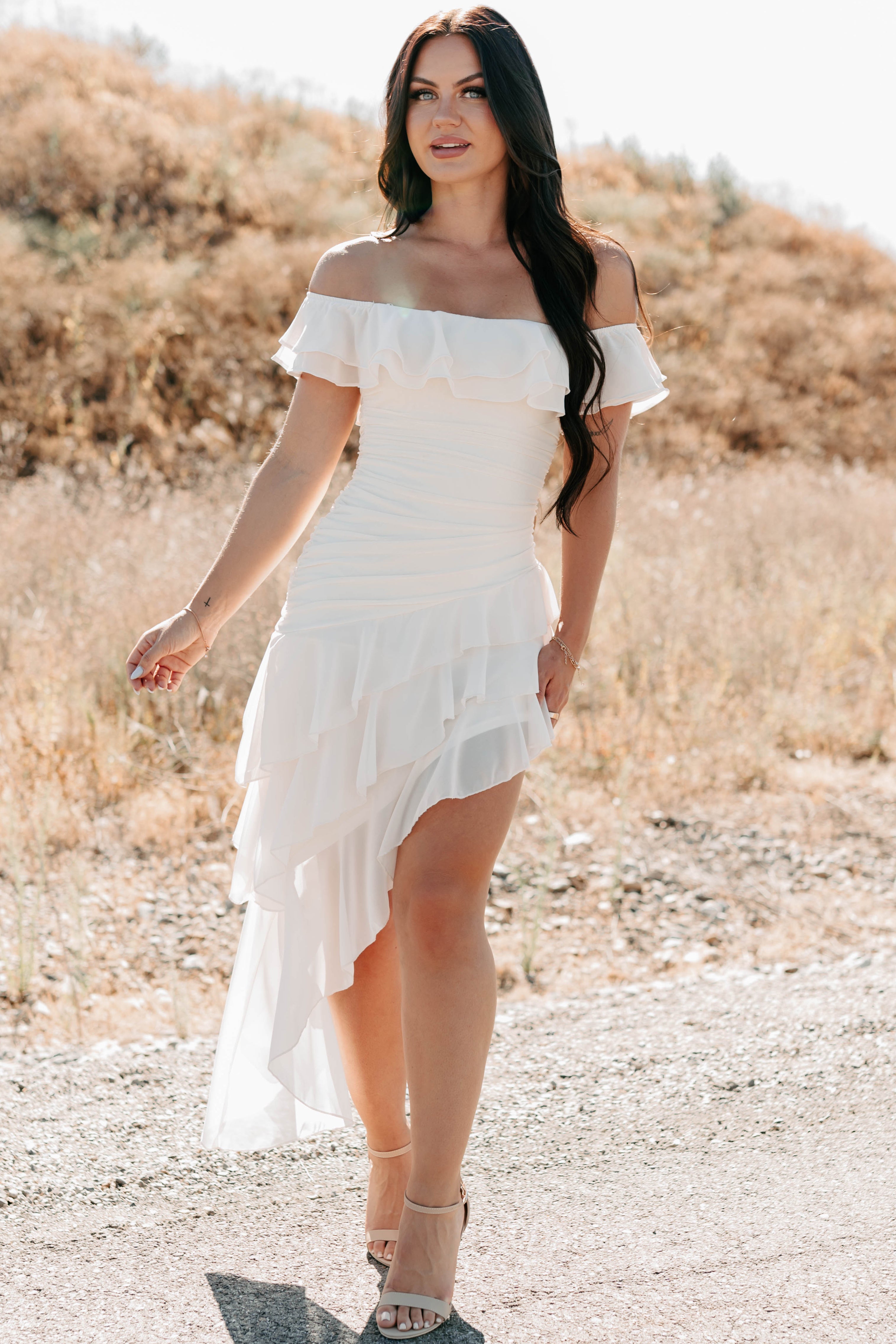 Perfectly Peachy Off The Shoulder Mini Dress (Ivory)