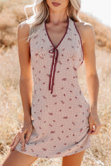 You Again Floral Gingham Halter Mini Dress (Burgundy)