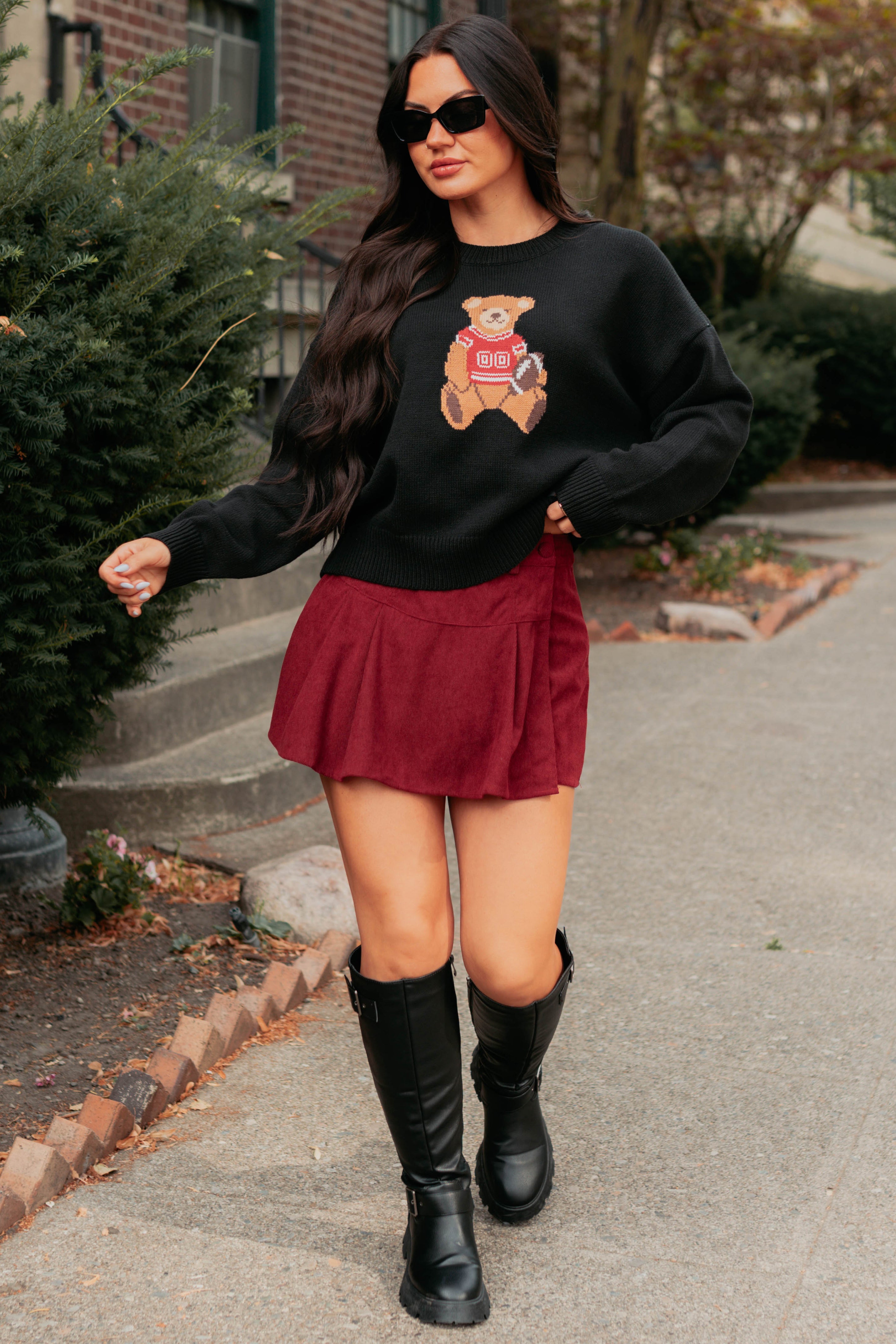 Playing For Keeps Teddy Bear Graphic Sweater (Black/Red)