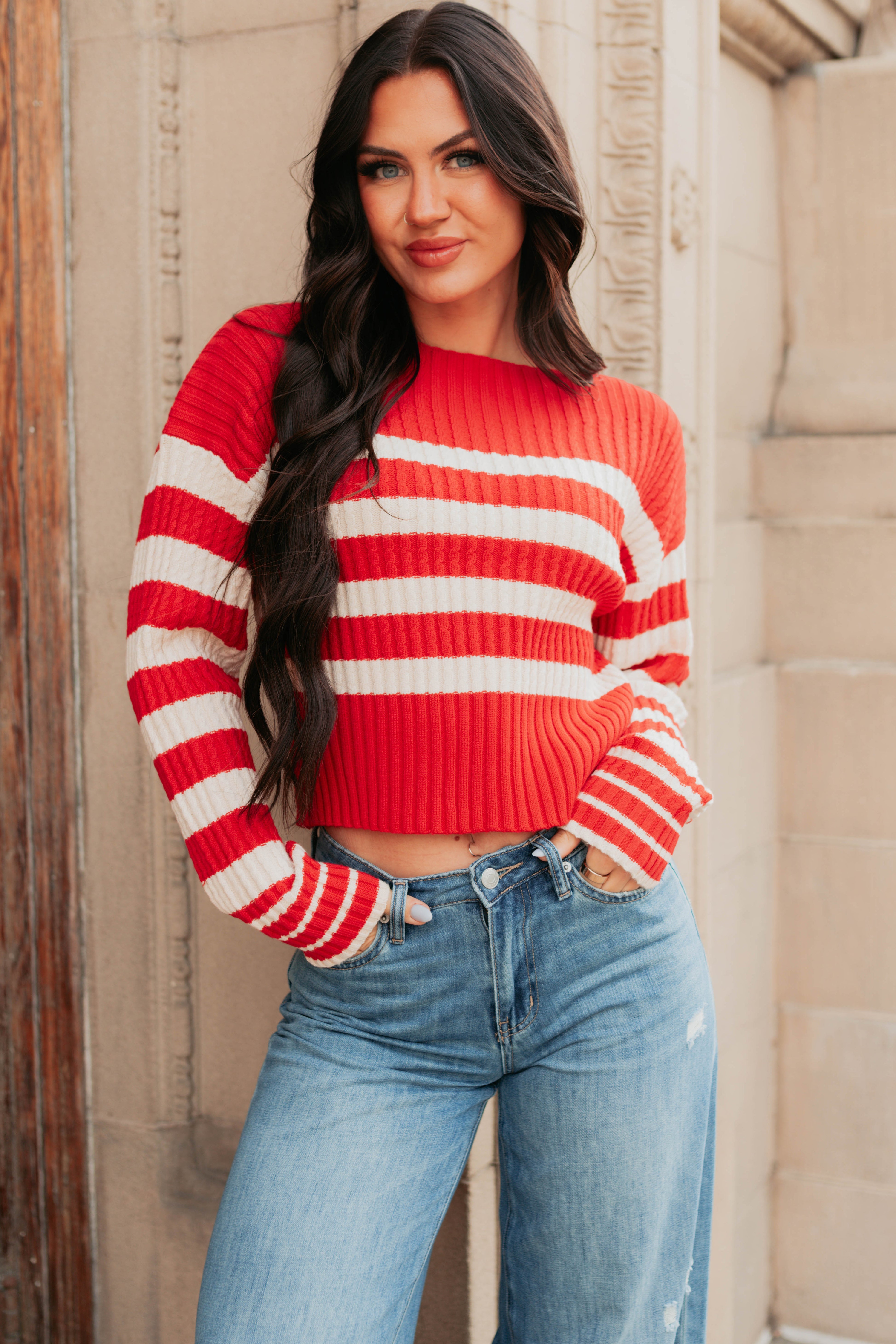 Give And Take Striped Boat Neck Sweater (Red)