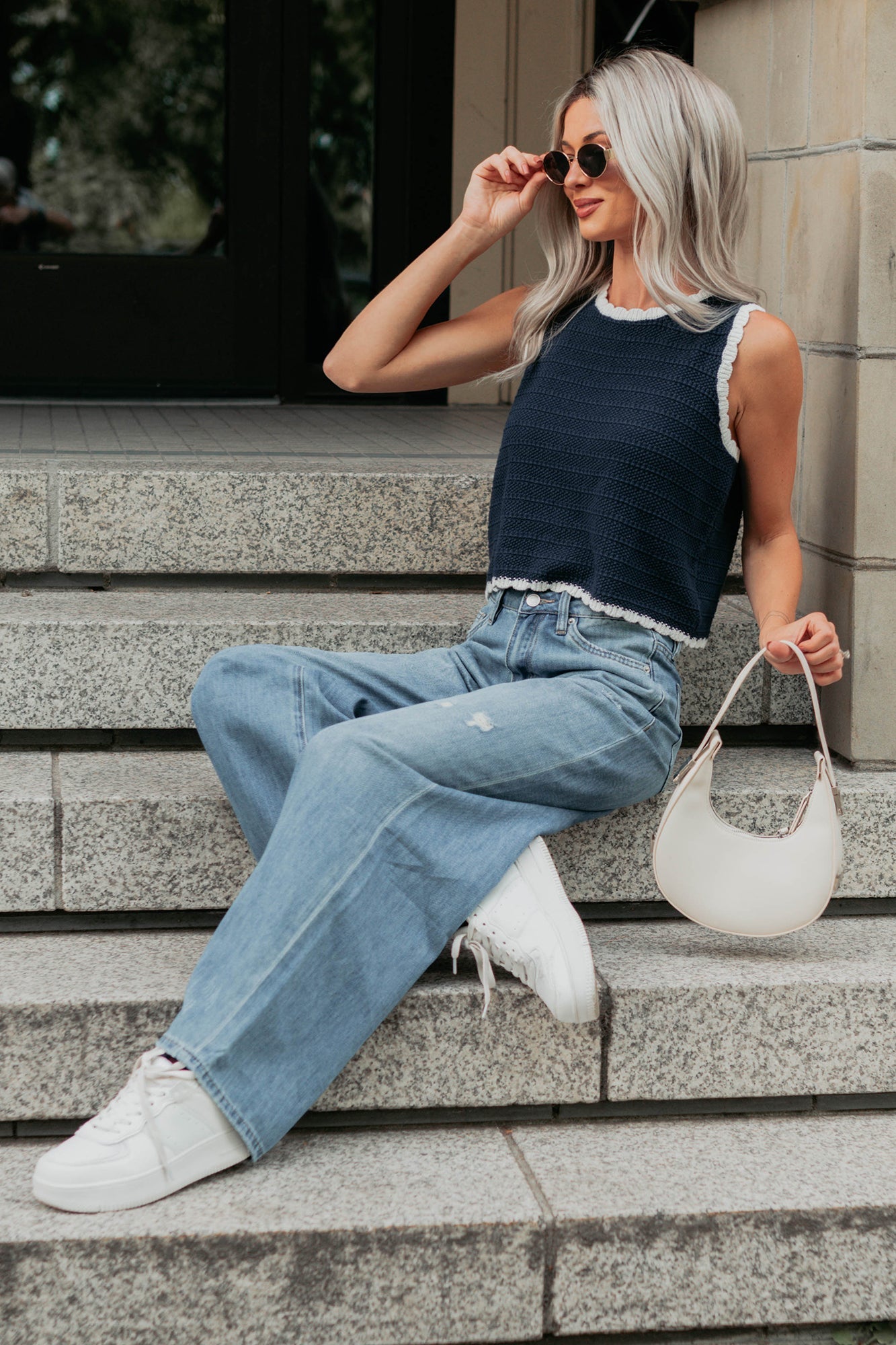 Keep It Up Scallop Trim Sleeveless Knit Top (Navy/Cream)