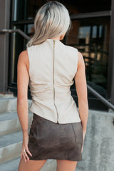 Spotlight Look Faux Leather Asymmetric Top (Beige)