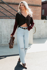 Dream Mirage Contrast Sleeve Cardigan Sweater (Espresso)