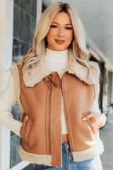 Pure Chill Sherpa Trim Faux Leather Vest (Camel)