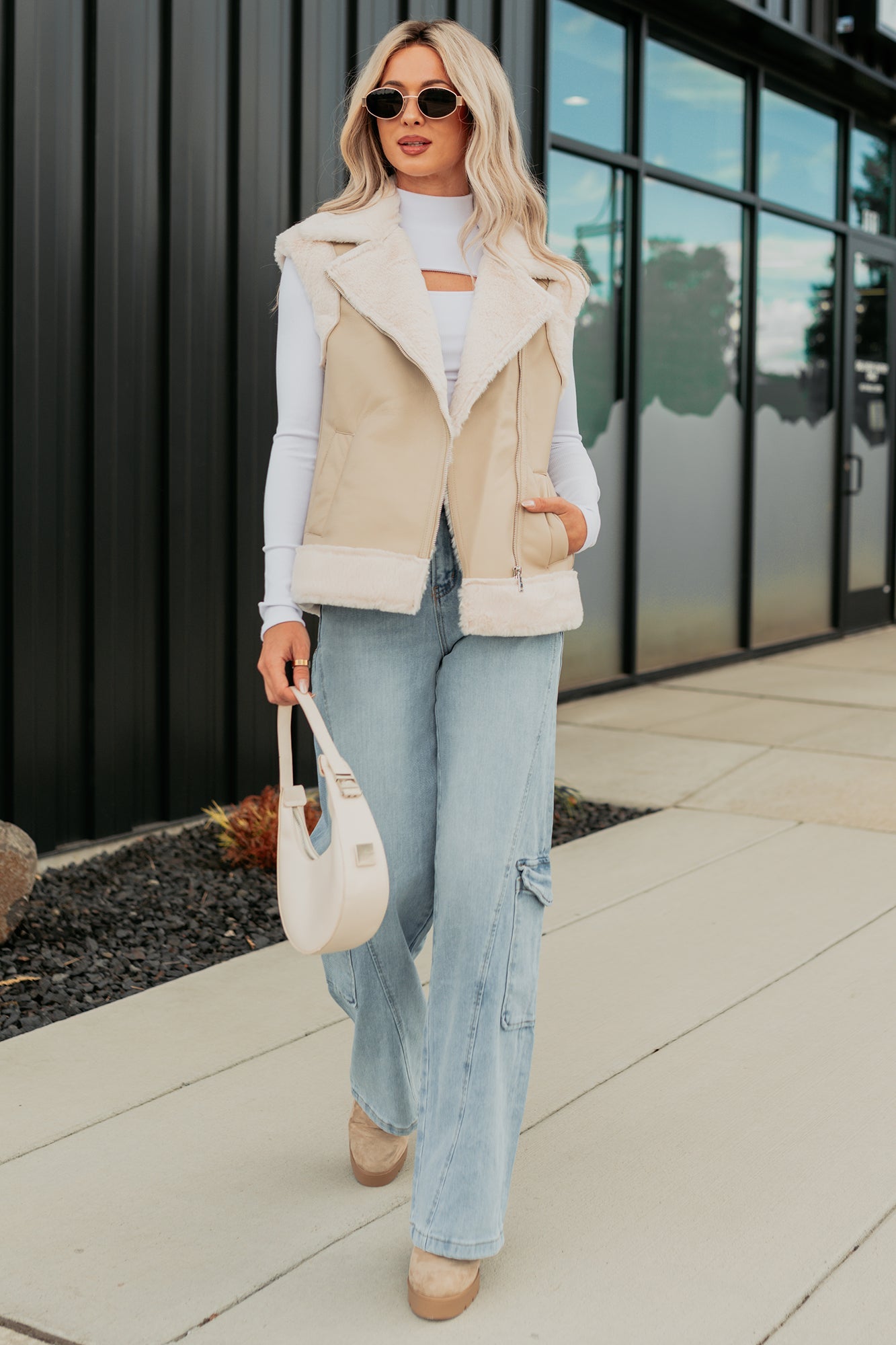 Cabin State Faux Leather Fur Lined Vest (Cream/Taupe)