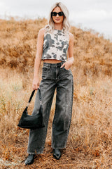 Blushin' Boots Sleeveless Denim Cow Print Top (Brown)