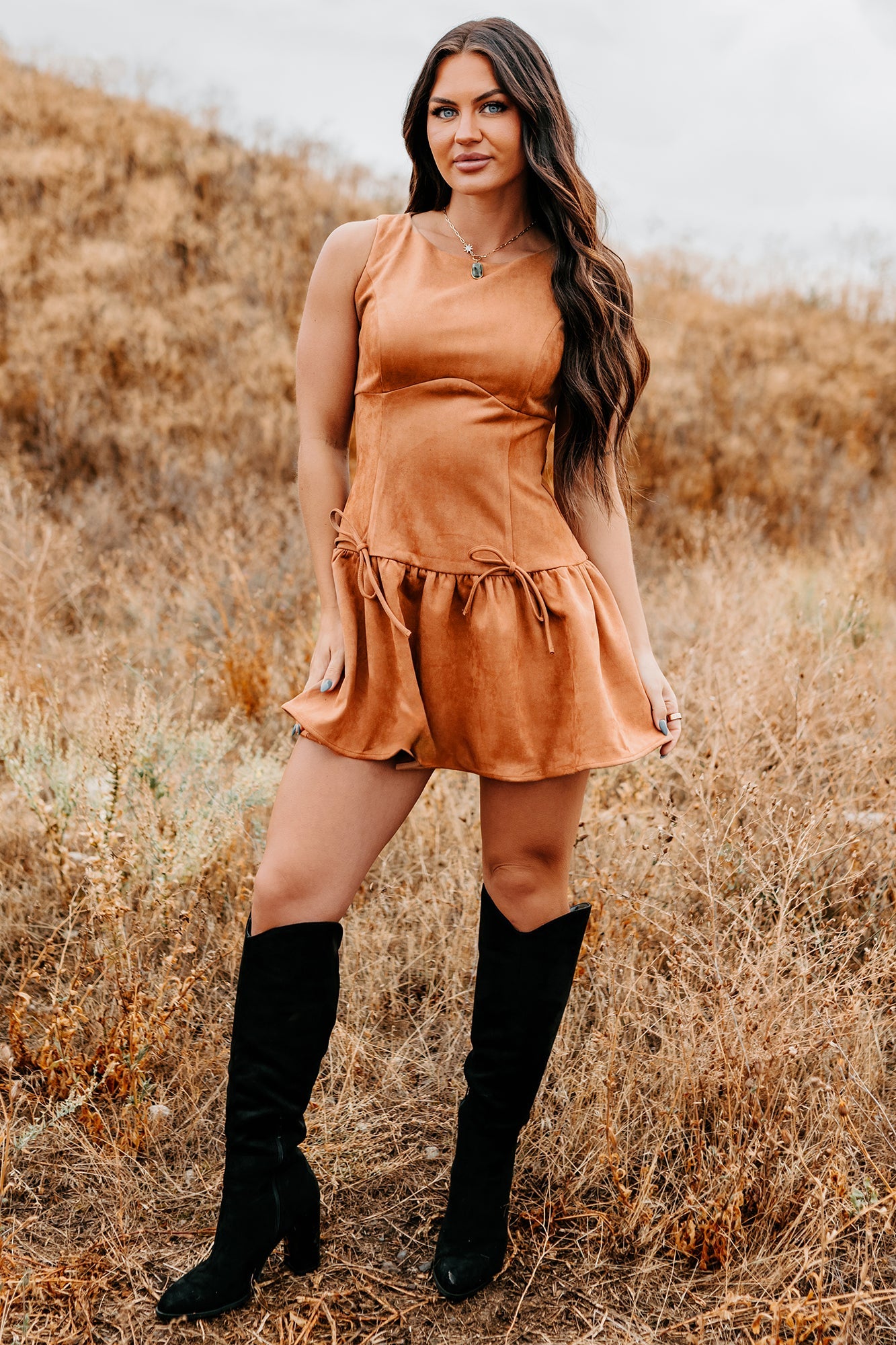 Wish You Luck Sleeveless Faux Suede Mini Dress (Camel)
