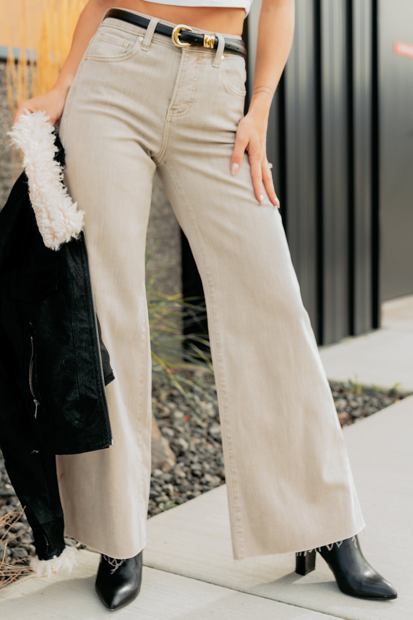 Lars Tummy Control Wide Leg Glittery Risen Jeans (Taupe)