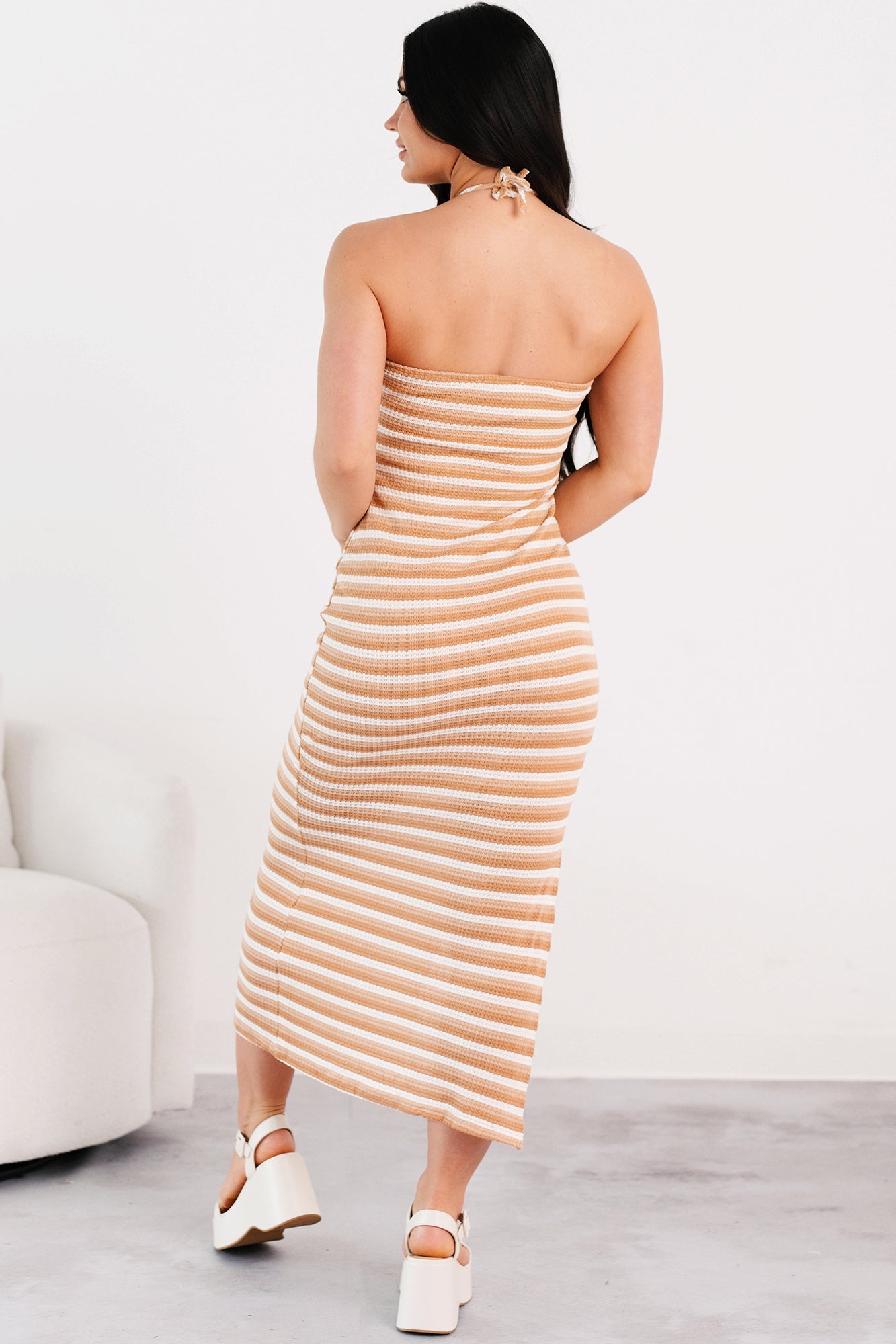 Low-Key Chill Striped Bodycon Maxi Dress (Taupe/White)
