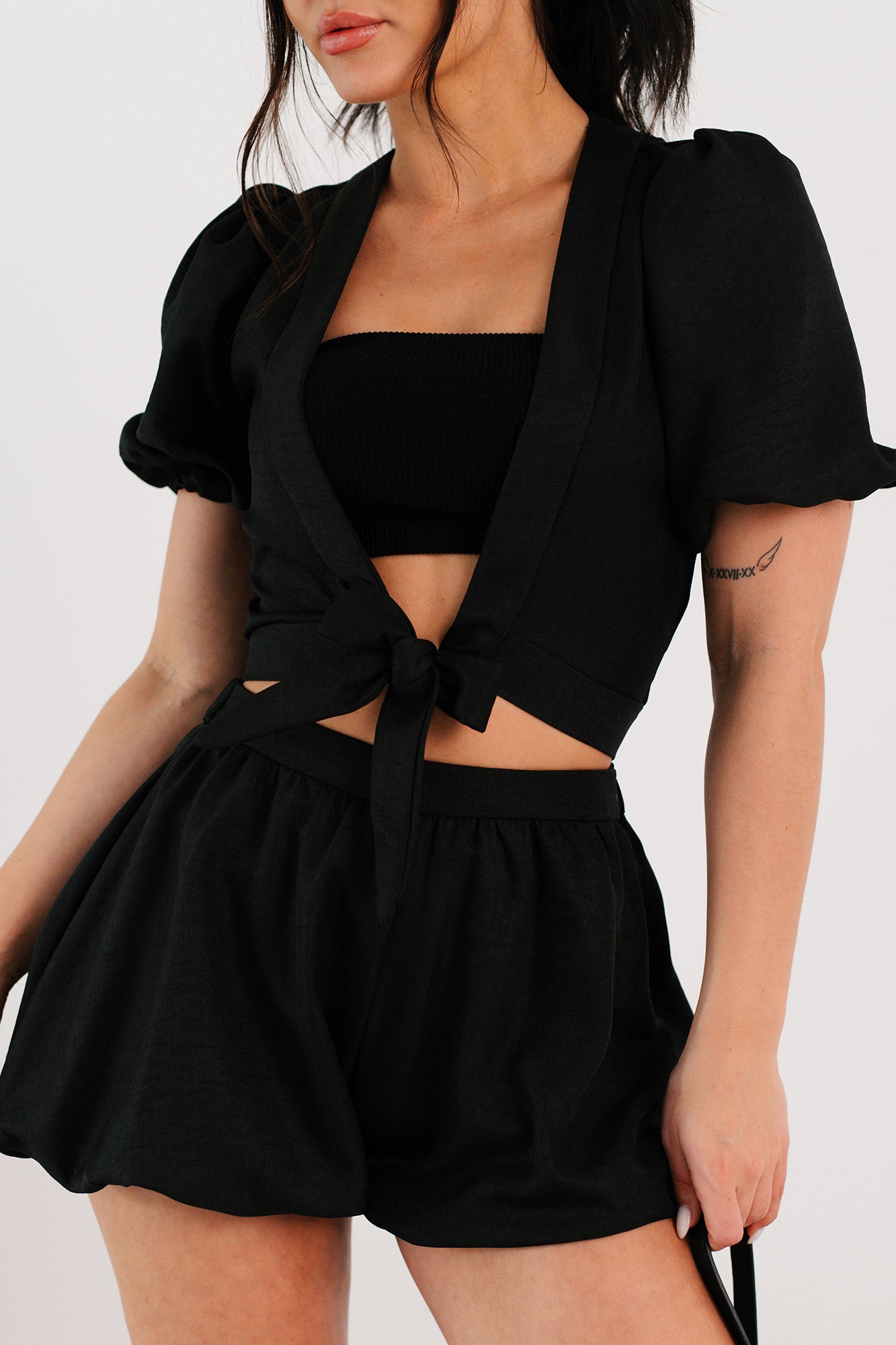 Blush & Whisper Tie Top & Bubble Shorts Set (Black)