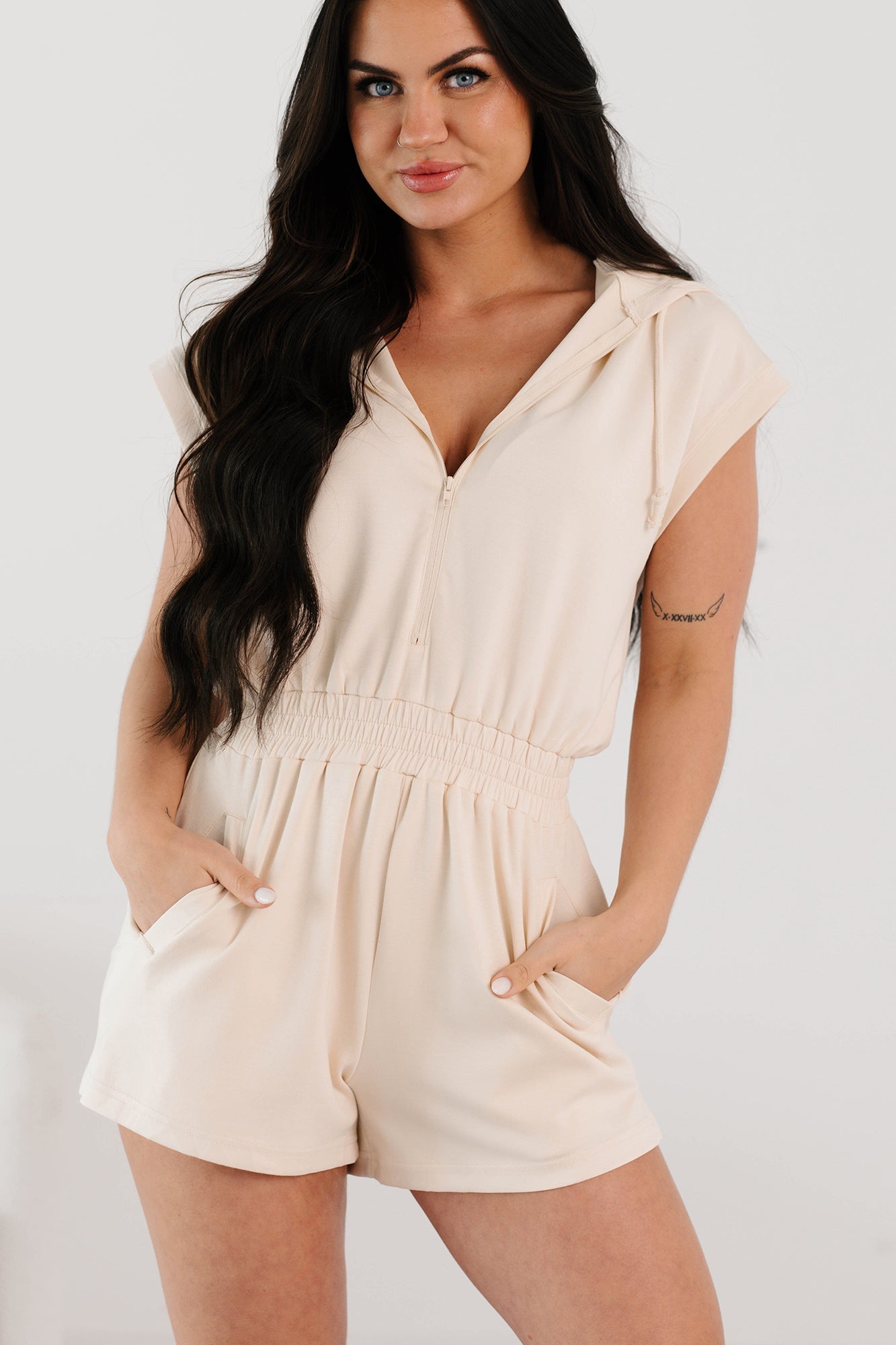Lazy Day Vibes Sleeveless Hoodie Romper (Cream)