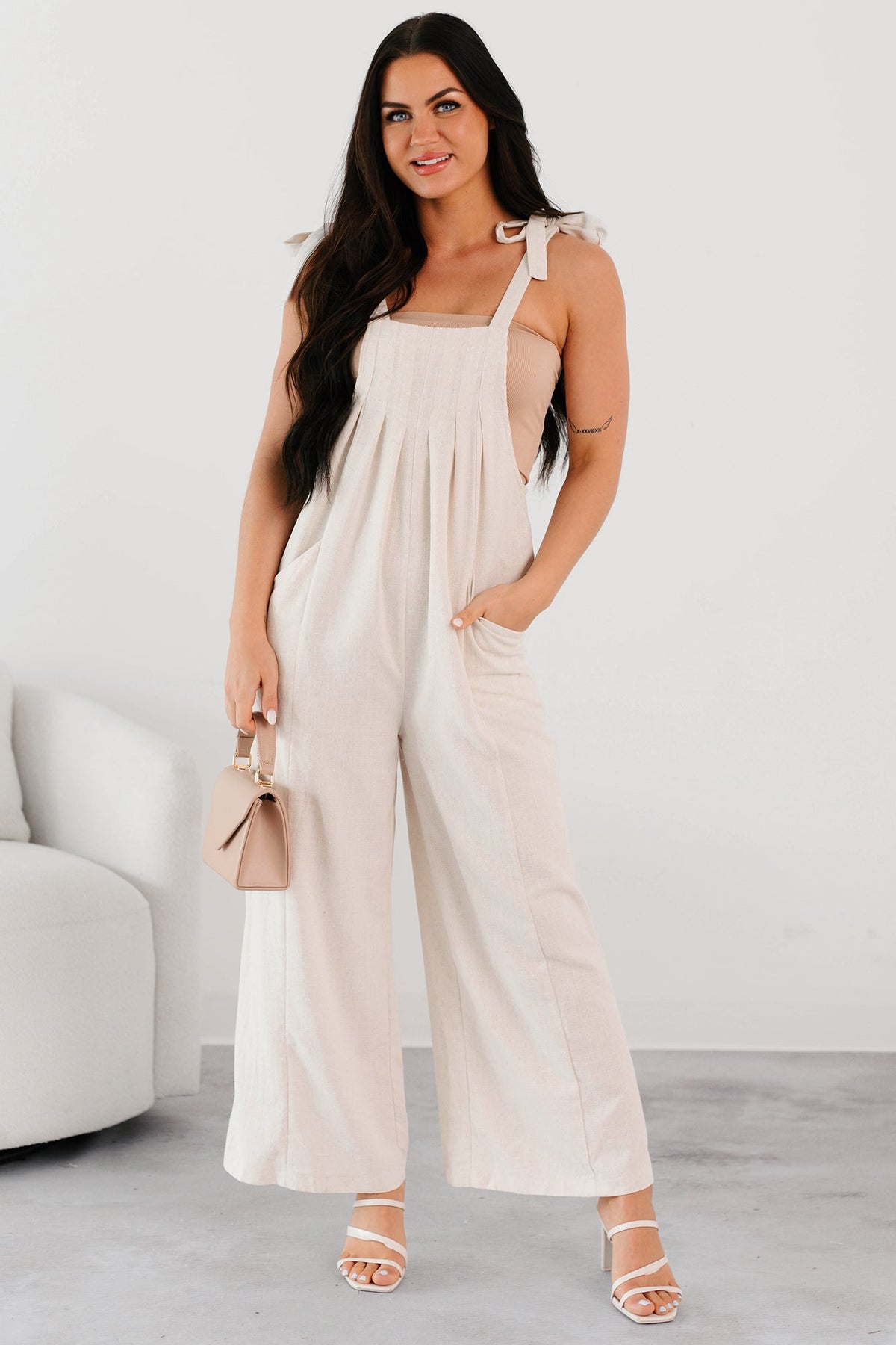 Alone At Last Tie Strap Linen Jumpsuit (Oatmeal)