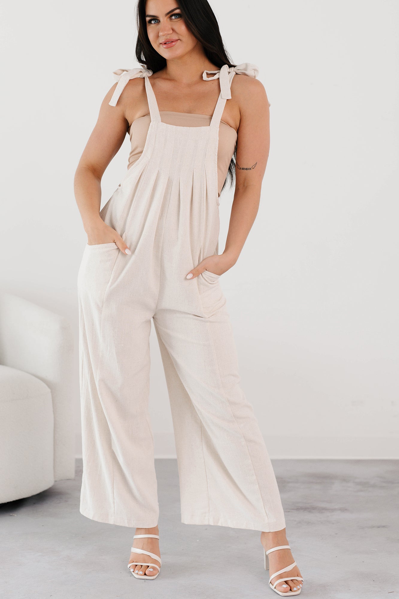 Alone At Last Tie Strap Linen Jumpsuit (Oatmeal)
