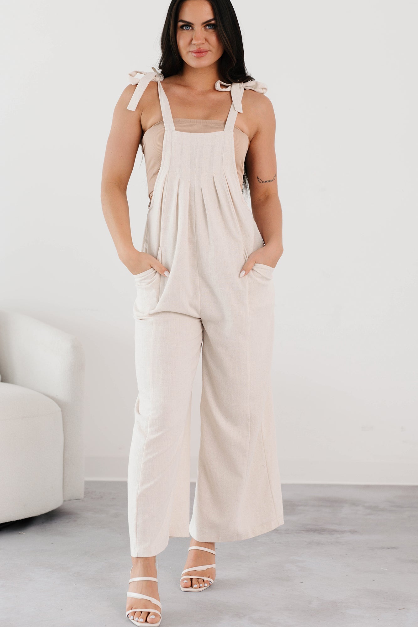 Alone At Last Tie Strap Linen Jumpsuit (Oatmeal)