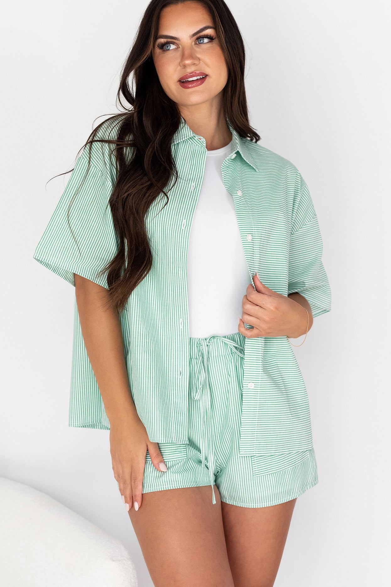 Sigrid Oversized Short Sleeve Button-Down (Green/White Stripe)