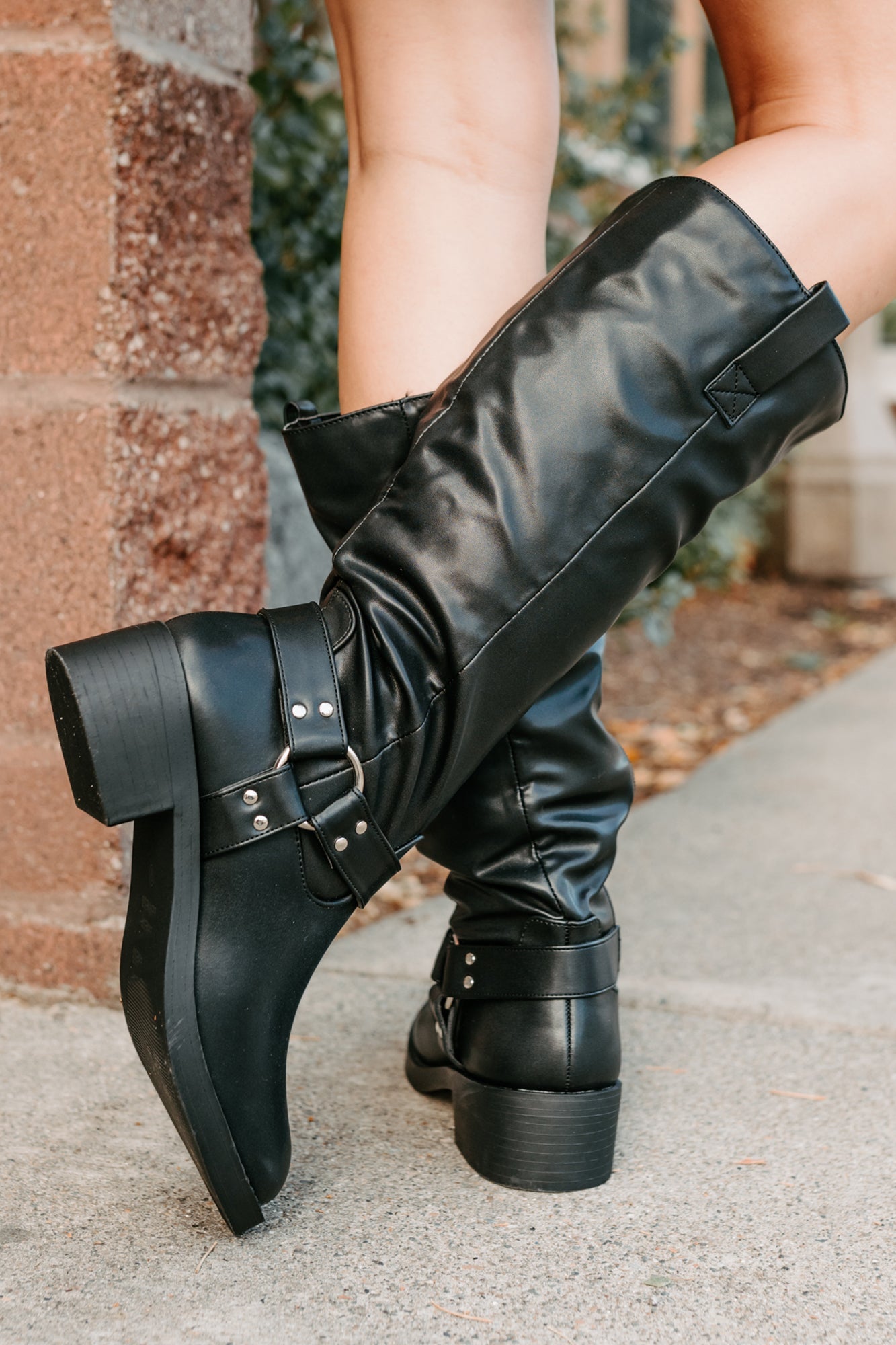 Clocking In Faux Leather Knee High Boots (Black)