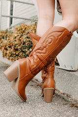 Didn't Come To Play Faux Leather Cowgirl Boots (Camel)