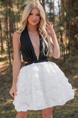 Give Em' Glam Rose Textured Halter Mini Dress (White/Black)