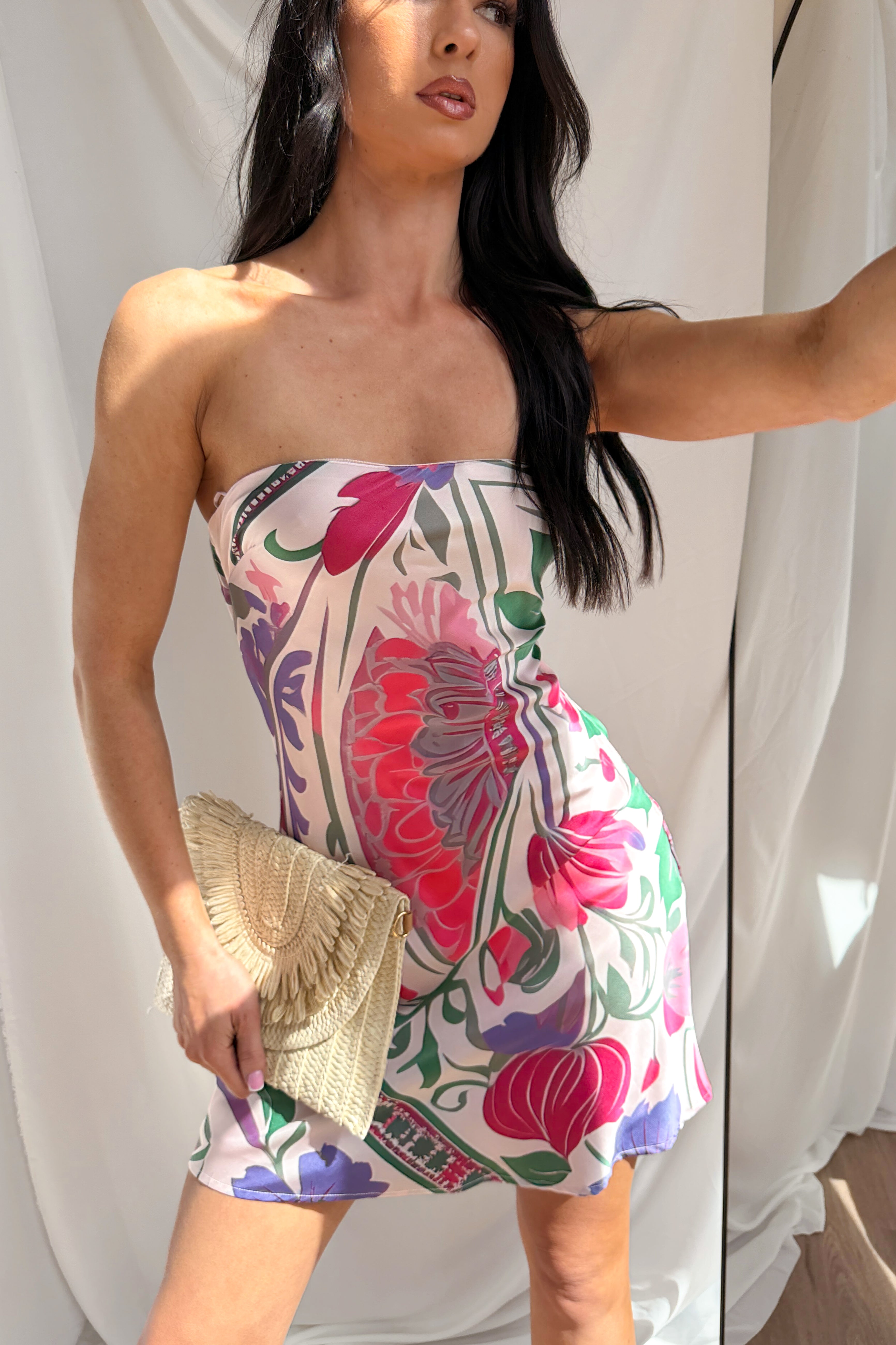 Drift Away Babe Strapless Floral Mini Dress (Pink Multi)