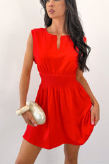 Grace In Motion Smocked Waist V-Neck Mini Dress (Red)