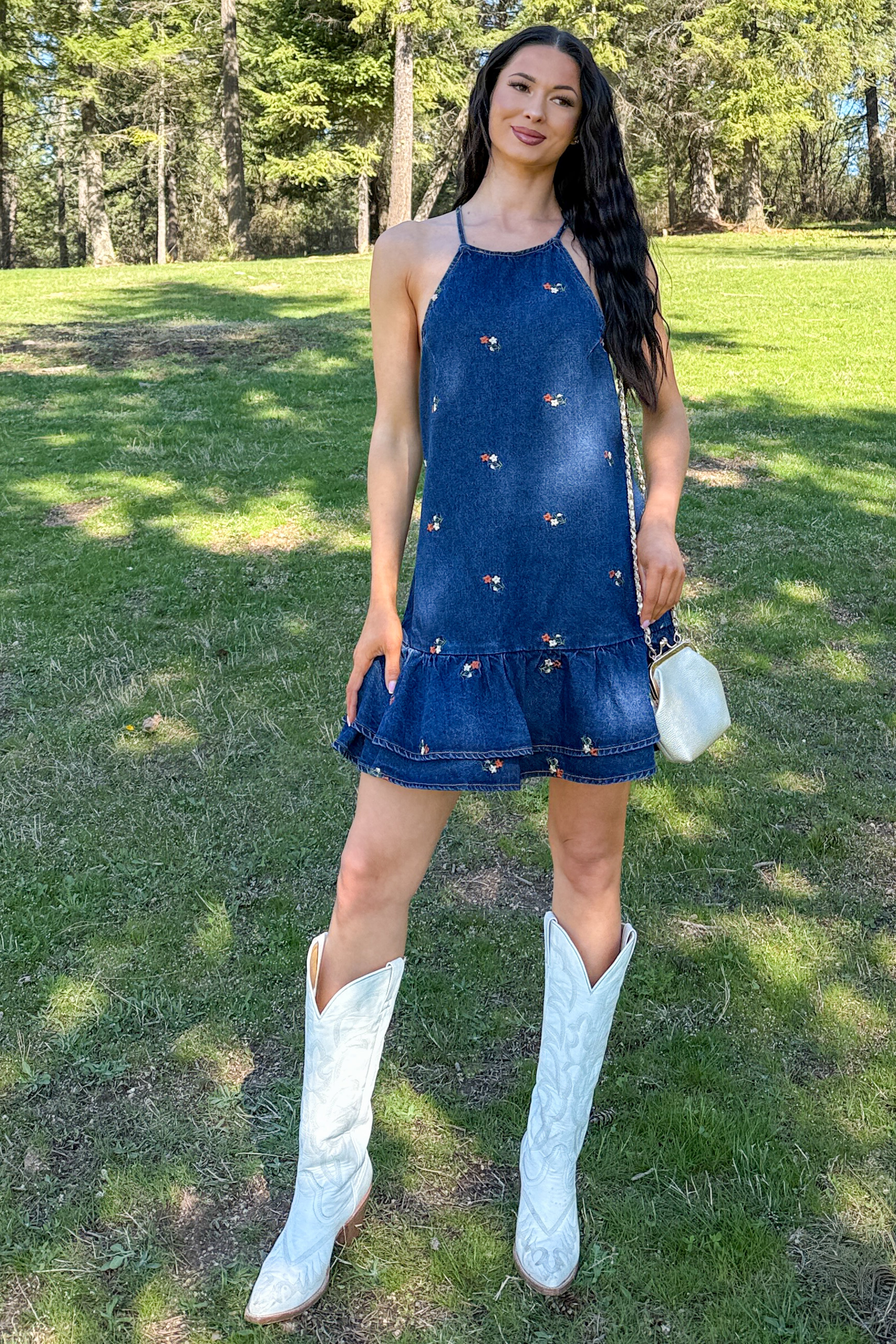 Graceful Grit Halter Floral Mini Dress (Dark Denim)