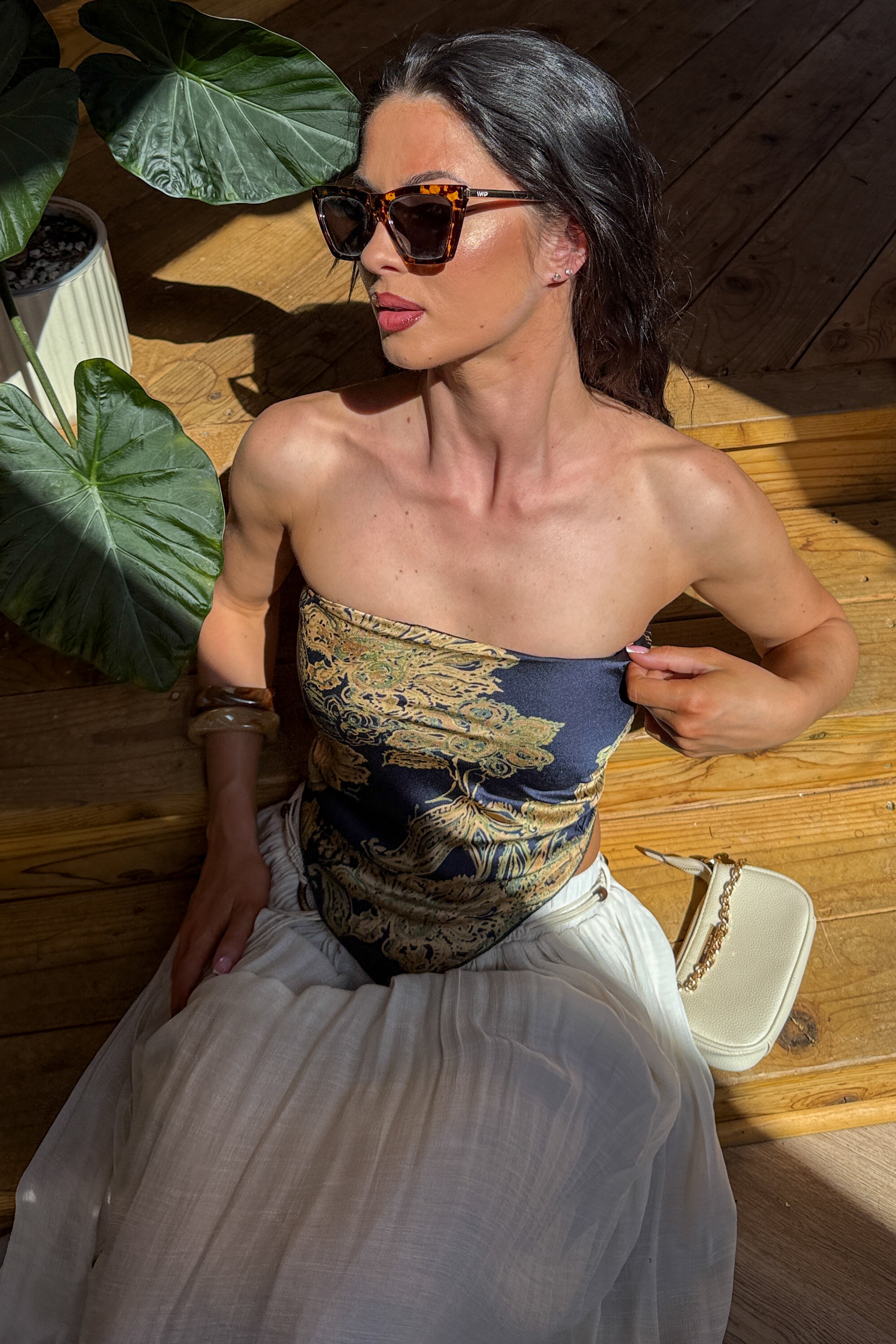 Hideaway Honey Paisley Satin Bandana Strapless Top (Navy)
