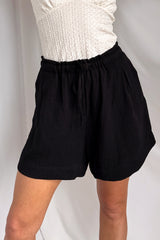 Homebody Mood Pleated Drawstring Shorts (Black)