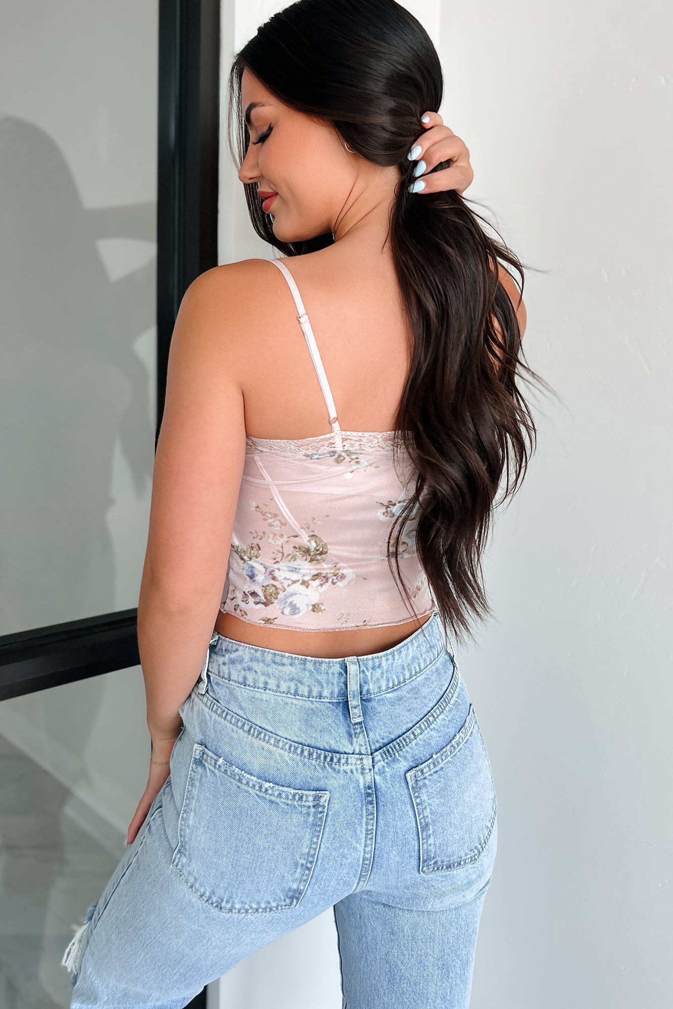 In Her Own World Floral Lace/Mesh Cami Top (Baby Pink)