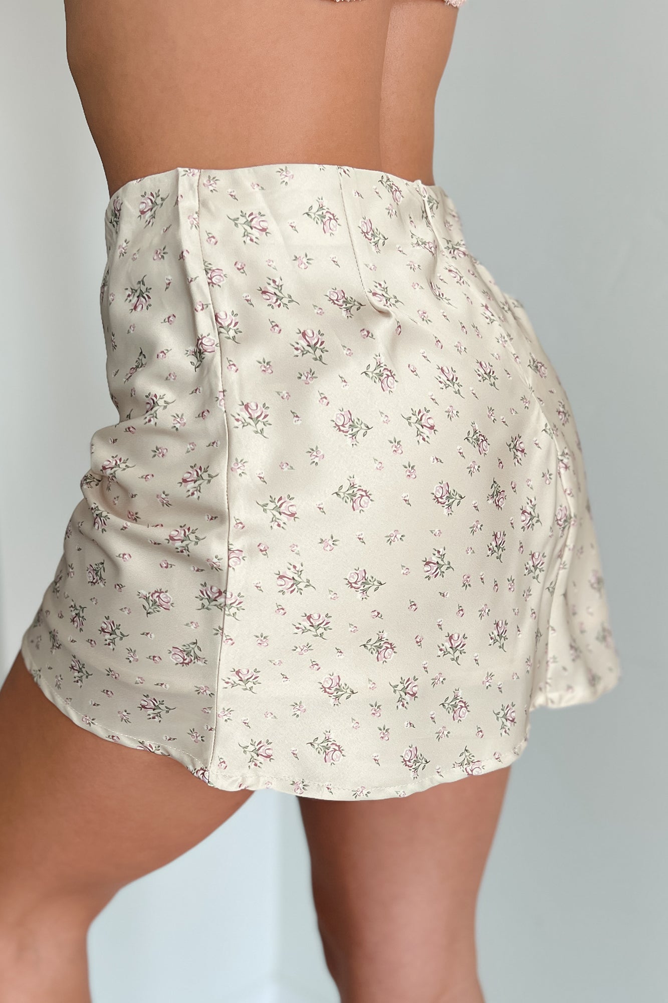 Watch And Learn Floral Satin Mini Skirt (Light Tan)