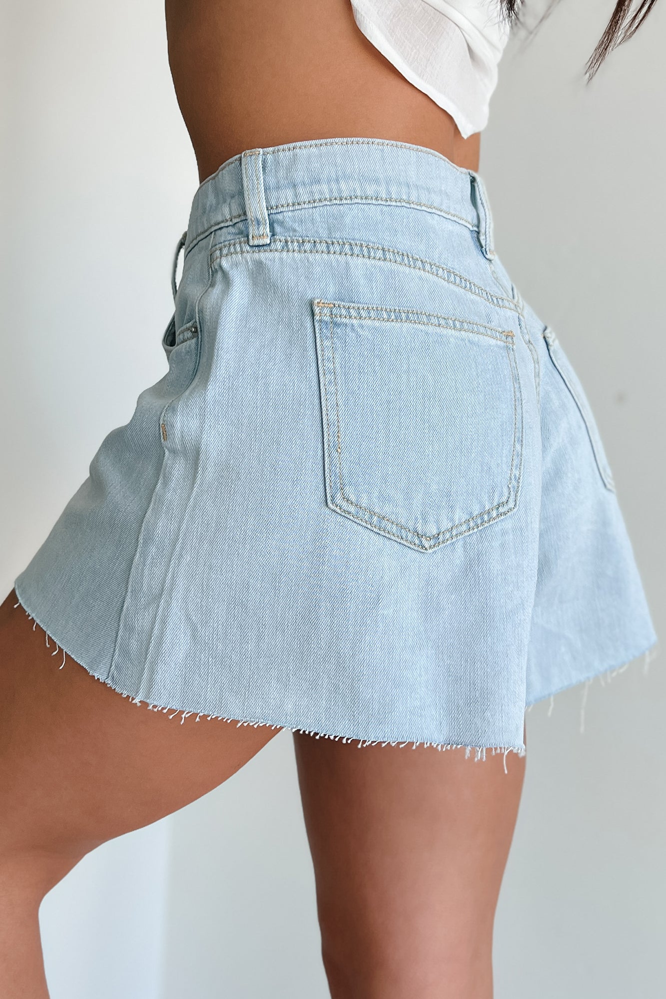 Evander High Rise Raw Hem Denim Sneak Peek Shorts (Light)