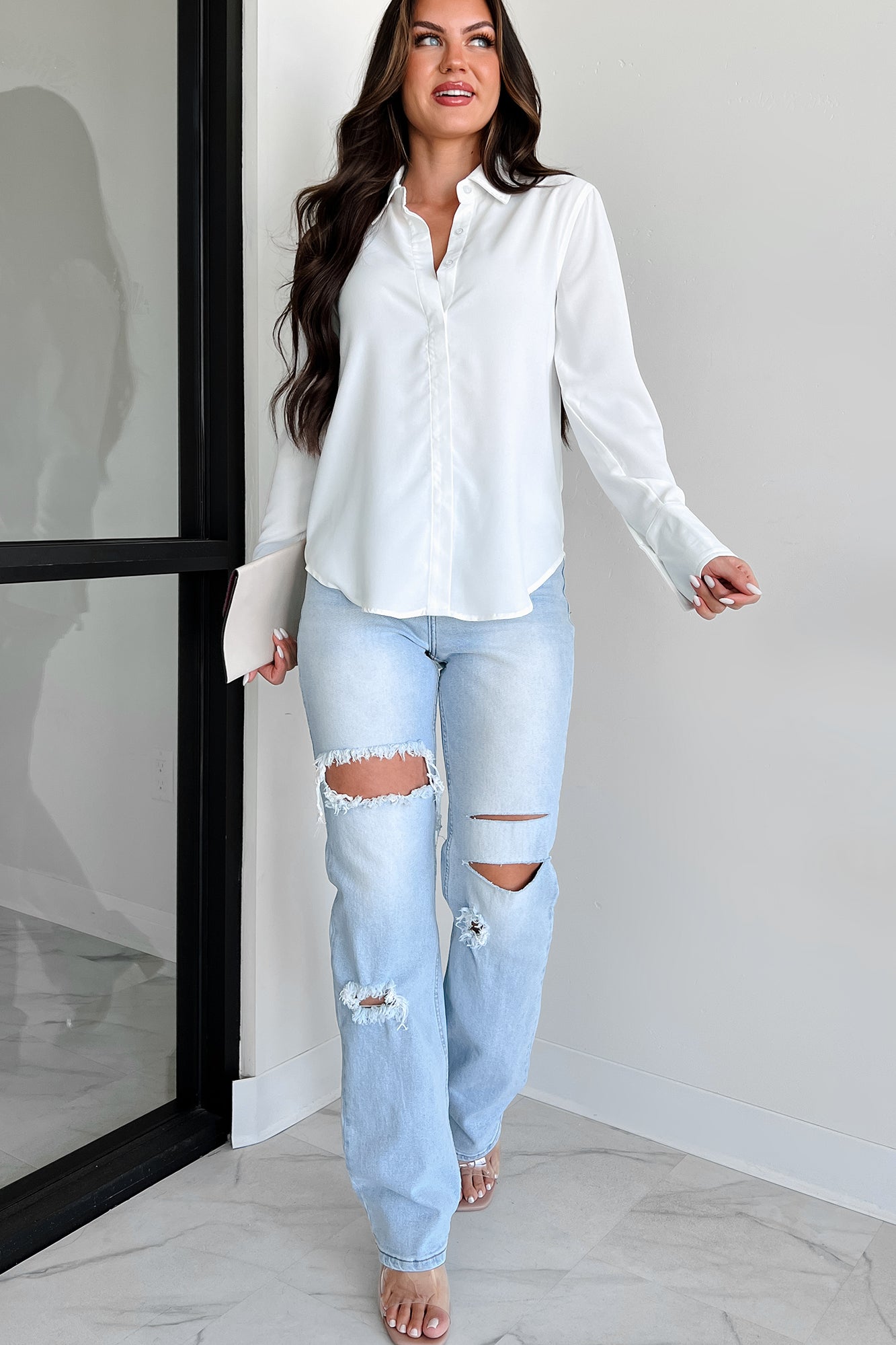 Only Good Days High Rise Distressed Wide Leg Jeans (Light)