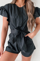 Shula Button-Front Ruffle Sleeve Romper (Black)