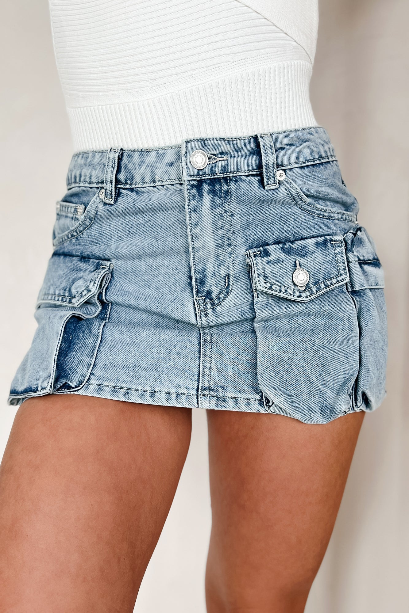 No Pep Talk Needed Denim Cargo Mini Skirt (Light Denim)