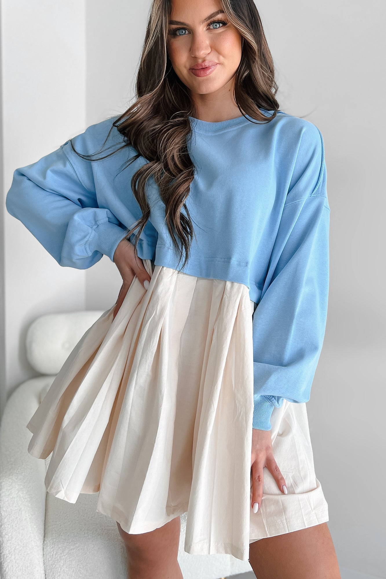 Convincing Act Two-Tone Mini Dress (Chambray Blue)