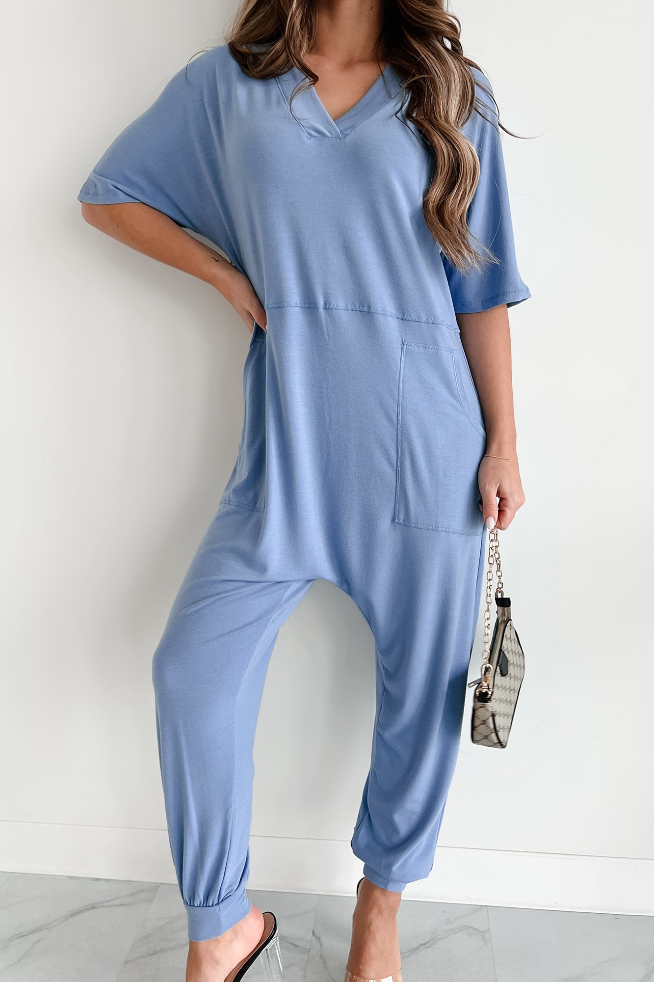 Tired Eyes Short Sleeve Slouchy Jumpsuit (Light Denim)