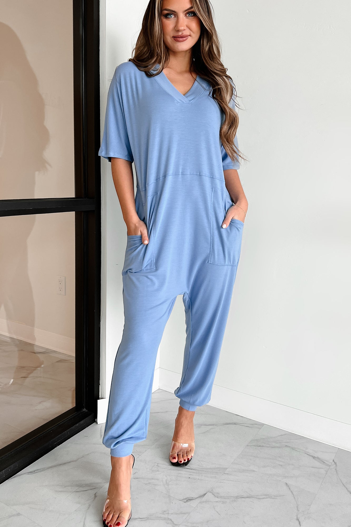 Tired Eyes Short Sleeve Slouchy Jumpsuit (Light Denim)