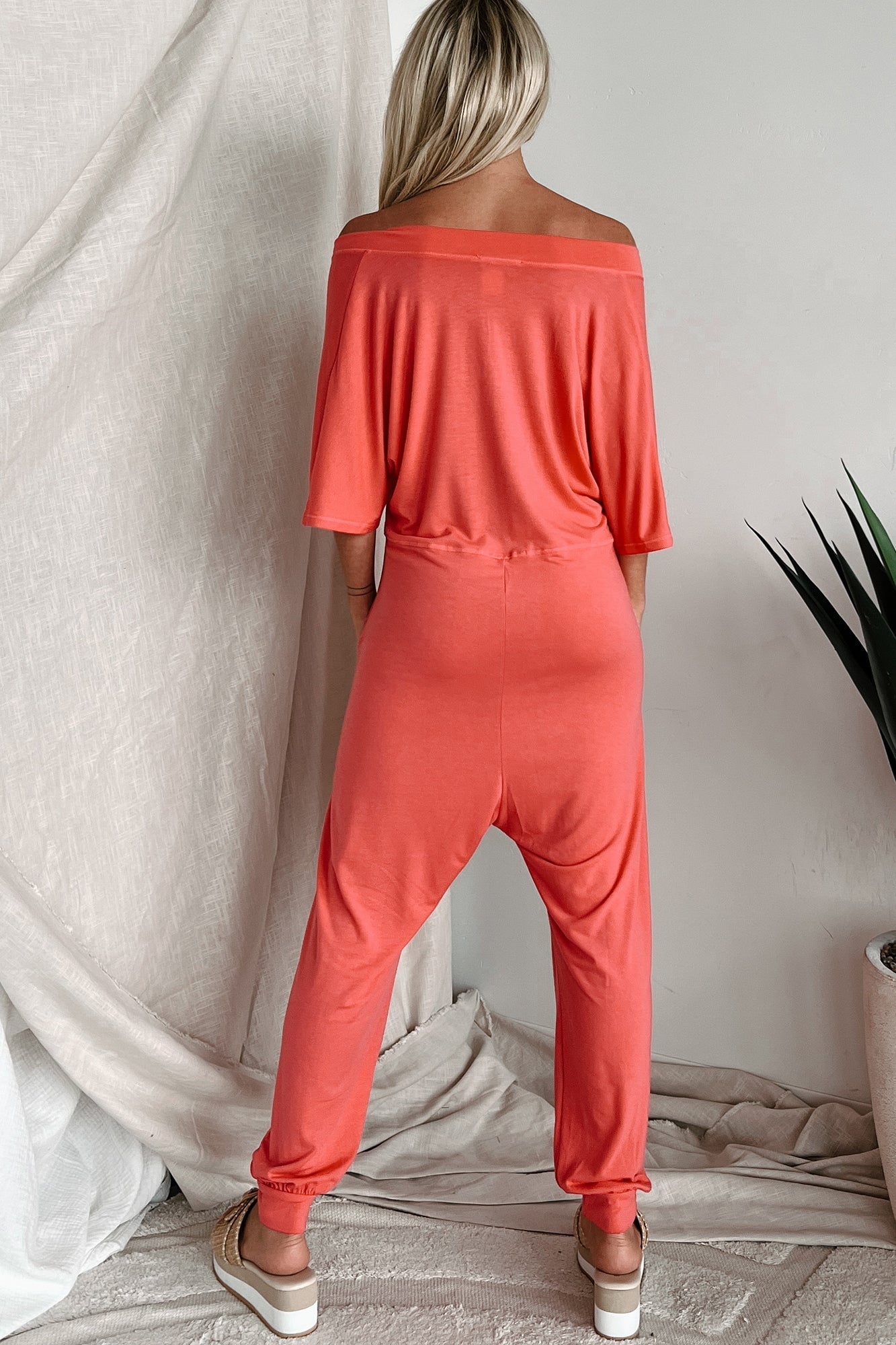 Tired Eyes Short Sleeve Slouchy Jumpsuit (Coral)