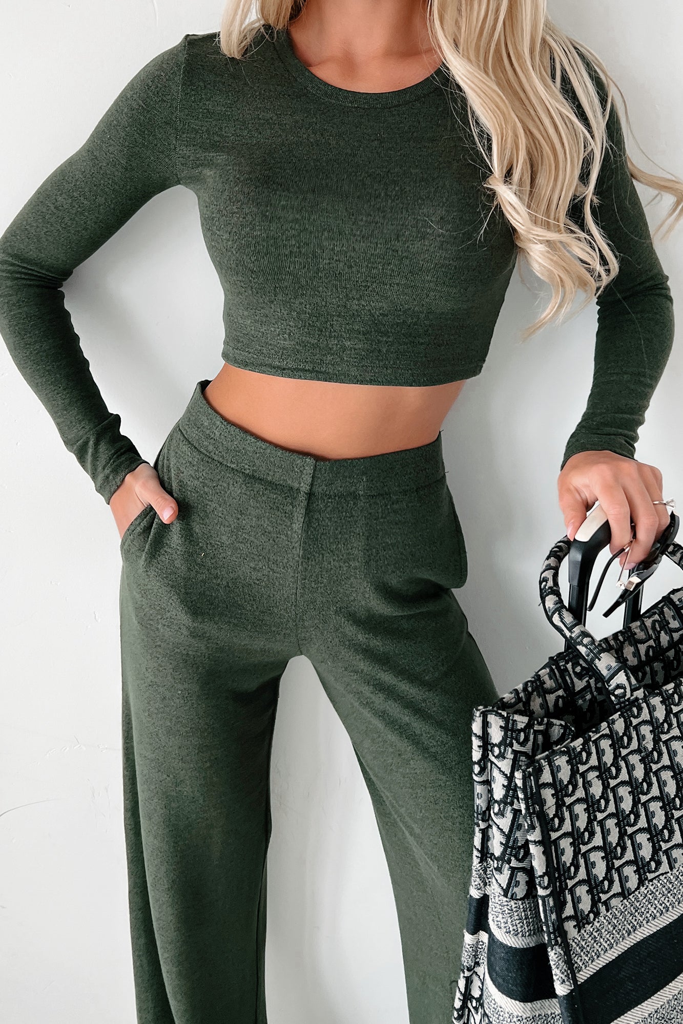 Asa Heathered Knit Crop Top & Pants Set (Olive)
